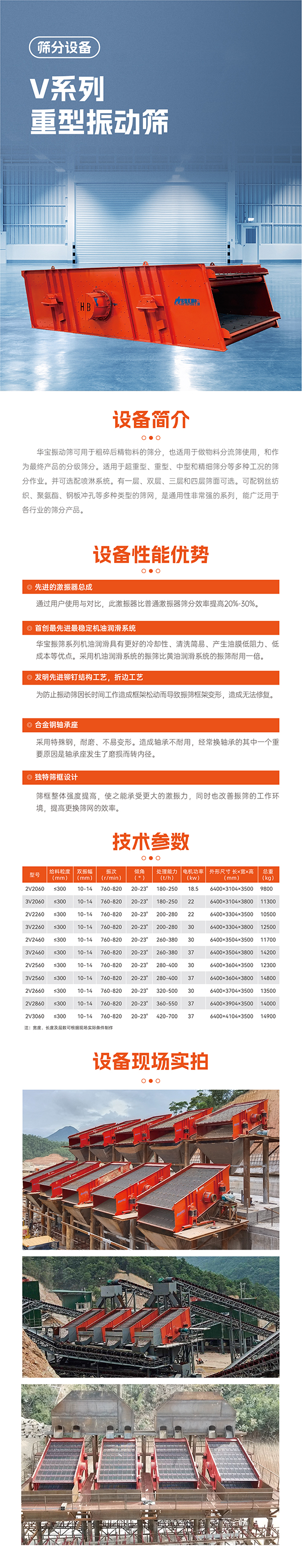 華寶礦機V系重型振動篩設備技術參數